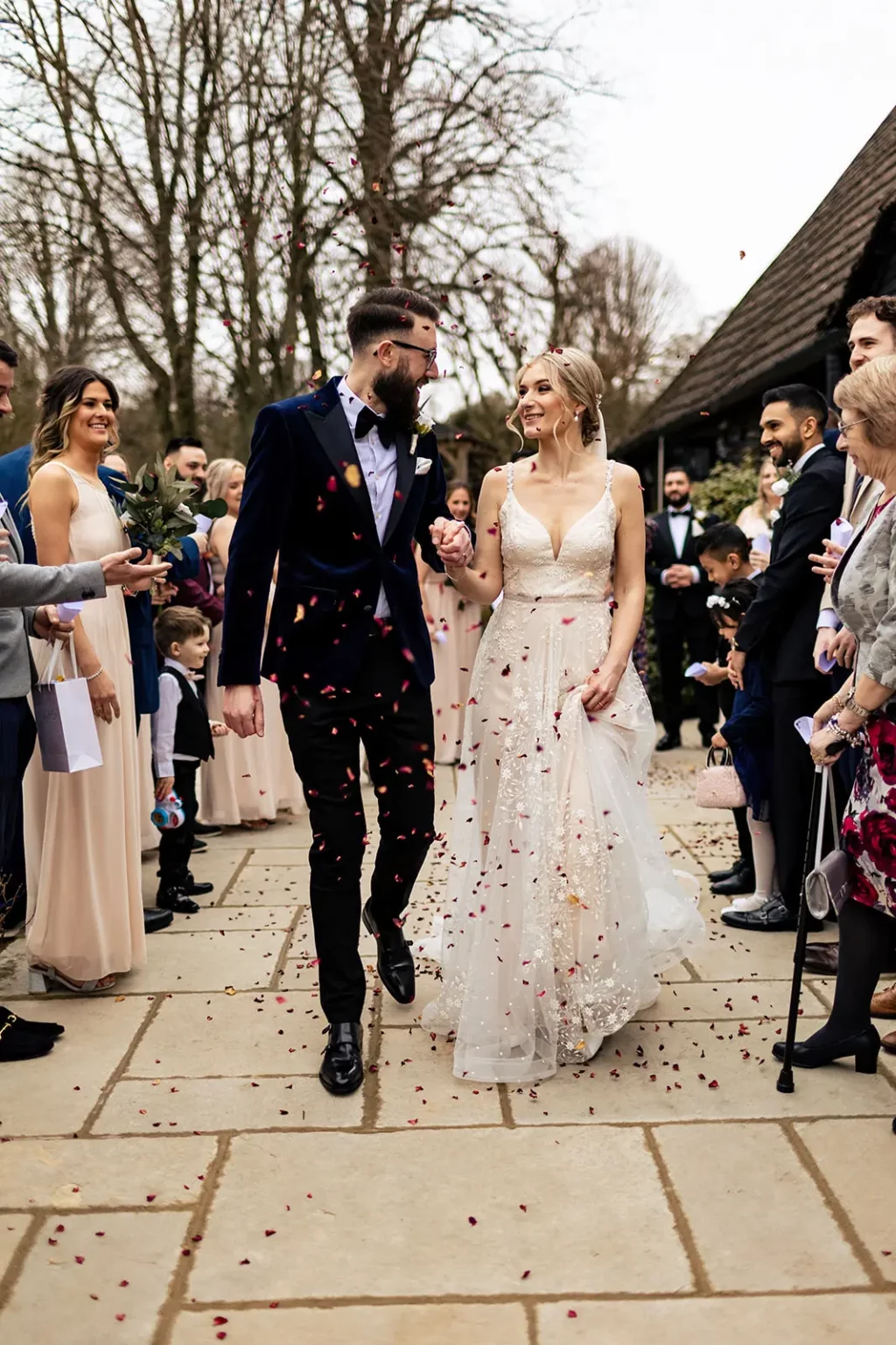 Clock Barn winter wedding confetti shot